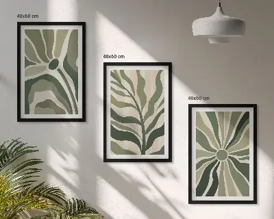 Triptykonbilleder med ramme med grønne og beige plantemønstre