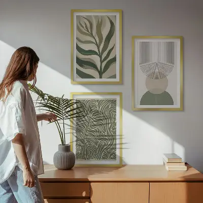 Geometriske bladformer triptykon billeder med ramme