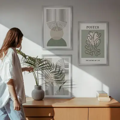 Billedsæt til soveværelset med geometriske botaniske mønstre