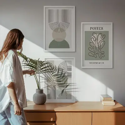 Billedsæt til soveværelset med geometriske botaniske mønstre