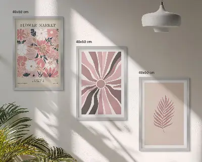 Billedsæt til soveværelset med blomsterblade og geometriske mønstre