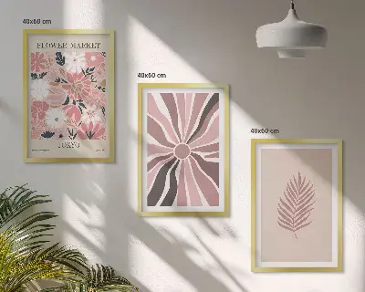 Billedsæt til soveværelset med blomsterblade og geometriske mønstre