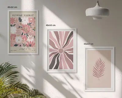 Billedsæt til soveværelset med blomsterblade og geometriske mønstre