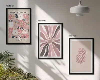 Billedsæt til soveværelset med blomsterblade og geometriske mønstre