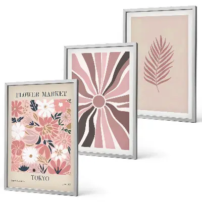 Billedsæt til soveværelset med blomsterblade og geometriske mønstre