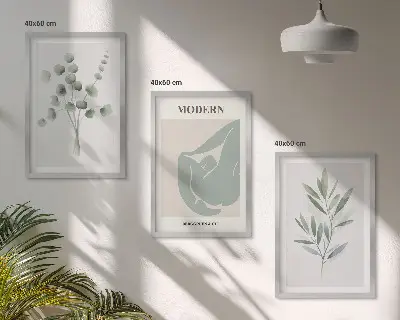 Plantemotiver triptykon med ramme i grønne nuancer