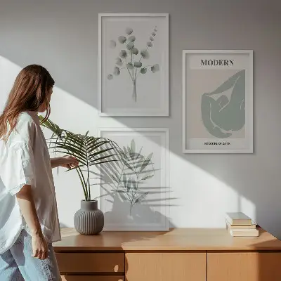 Plantemotiver triptykon med ramme i grønne nuancer