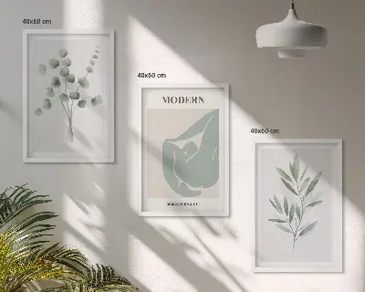 Plantemotiver triptykon med ramme i grønne nuancer