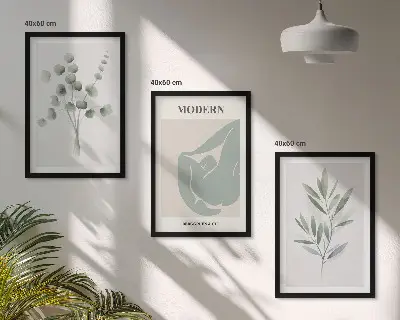 Plantemotiver triptykon med ramme i grønne nuancer