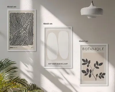 Billedvæg med plantemønstre og linjer inspiration til din billedvæg