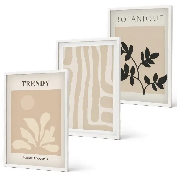 Triptykon med ramme stilfulde plantemønstre i beige og sort