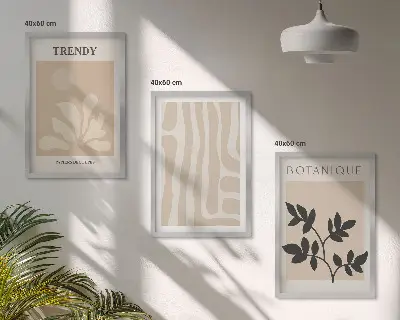 Triptykon med ramme stilfulde plantemønstre i beige og sort