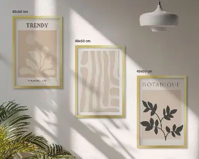 Triptykon med ramme stilfulde plantemønstre i beige og sort