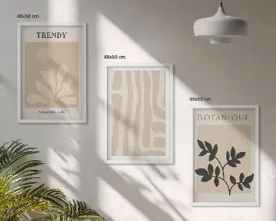 Triptykon med ramme stilfulde plantemønstre i beige og sort