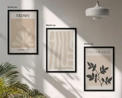 Triptykon med ramme stilfulde plantemønstre i beige og sort