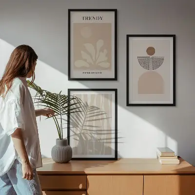 Triptykon billeder med ramme i stilfulde abstrakte beige farver