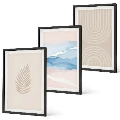 Billedsæt til soveværelset med motiver af blade og blå bølger i beige nuancer