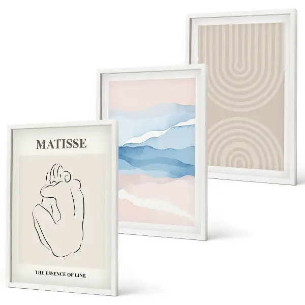 Triptyk med ramme linjer, bølger og pastel minimalisme