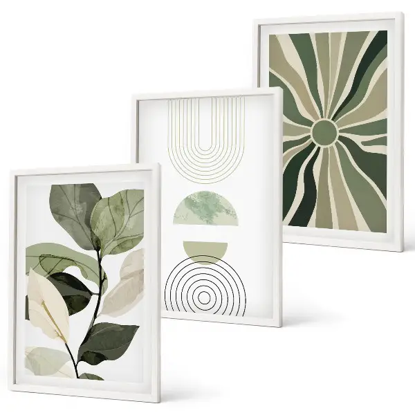 Plakat med plantemotiver og geometri grønne nuancer