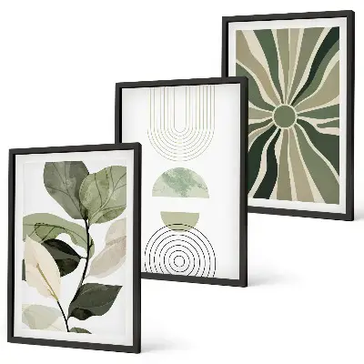 Plakat med plantemotiver og geometri grønne nuancer