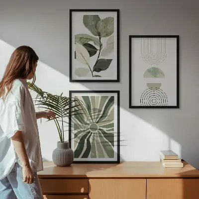 Plakat med plantemotiver og geometri grønne nuancer