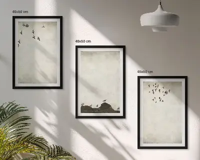 Flyvende fugle minimalisme triptykon med ramme