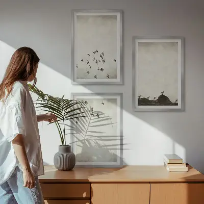 Billedsæt til soveværelset med fugle i flugt i minimalistisk stil