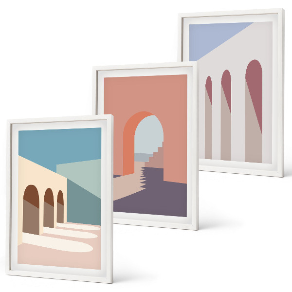 Triptykon billeder med ramme Pastel arkitektonisk grafik
