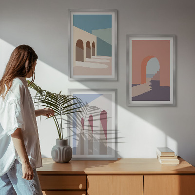 Triptykon billeder med ramme Pastel arkitektonisk grafik