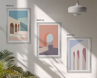 Triptykon billeder med ramme Pastel arkitektonisk grafik