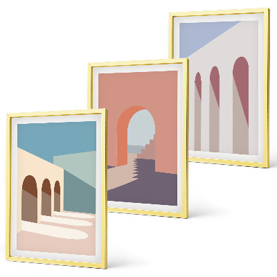 Triptykon billeder med ramme Pastel arkitektonisk grafik