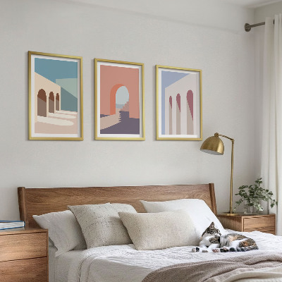 Triptykon billeder med ramme Pastel arkitektonisk grafik