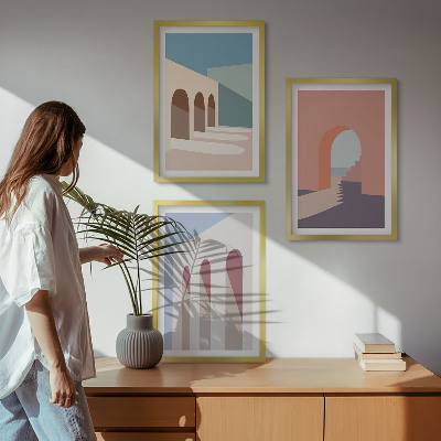 Triptykon billeder med ramme Pastel arkitektonisk grafik