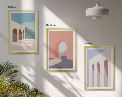 Triptykon billeder med ramme Pastel arkitektonisk grafik