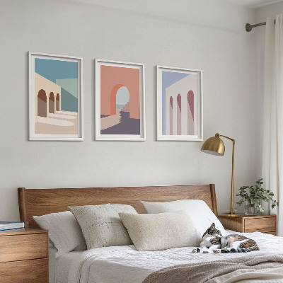 Triptykon billeder med ramme Pastel arkitektonisk grafik