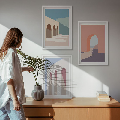 Triptykon billeder med ramme Pastel arkitektonisk grafik