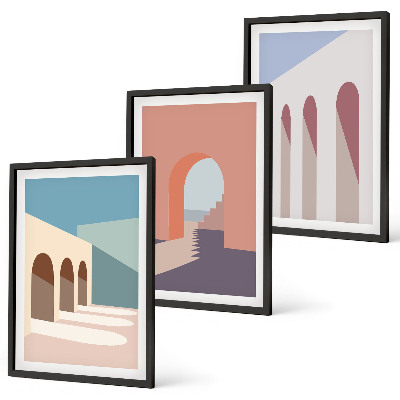 Triptykon billeder med ramme Pastel arkitektonisk grafik