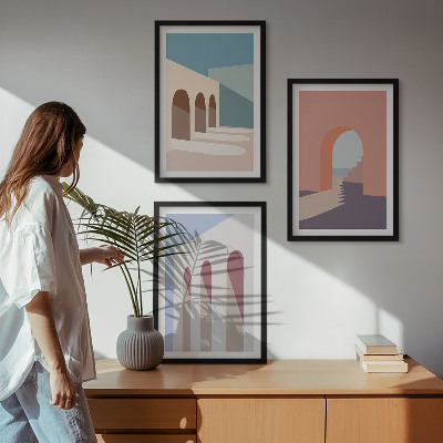 Triptykon billeder med ramme Pastel arkitektonisk grafik