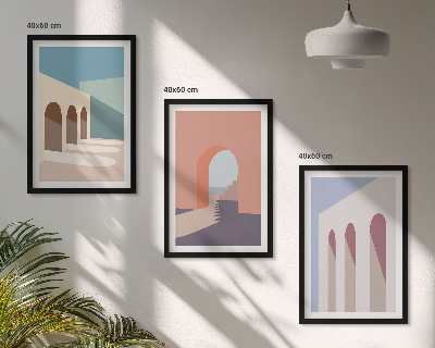 Triptykon billeder med ramme Pastel arkitektonisk grafik