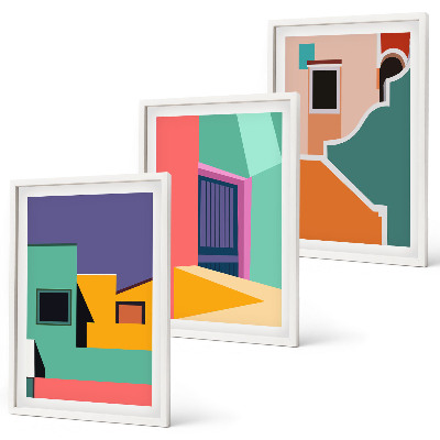 Triptykon billeder med ramme Farverige illustrationer af byen