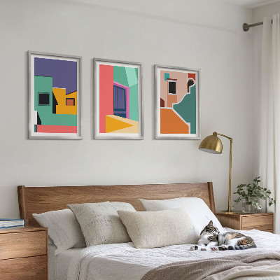 Triptykon billeder med ramme Farverige illustrationer af byen