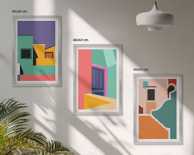 Triptykon billeder med ramme Farverige illustrationer af byen