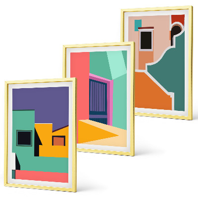Triptykon billeder med ramme Farverige illustrationer af byen