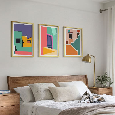 Triptykon billeder med ramme Farverige illustrationer af byen