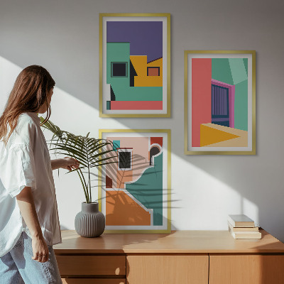 Triptykon billeder med ramme Farverige illustrationer af byen