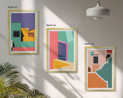 Triptykon billeder med ramme Farverige illustrationer af byen