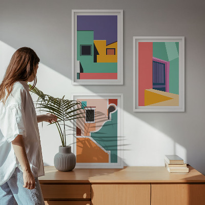 Triptykon billeder med ramme Farverige illustrationer af byen