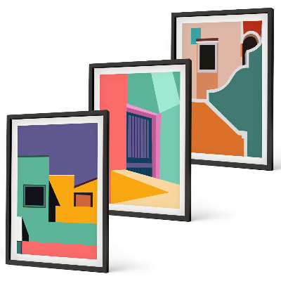 Triptykon billeder med ramme Farverige illustrationer af byen