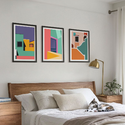 Triptykon billeder med ramme Farverige illustrationer af byen