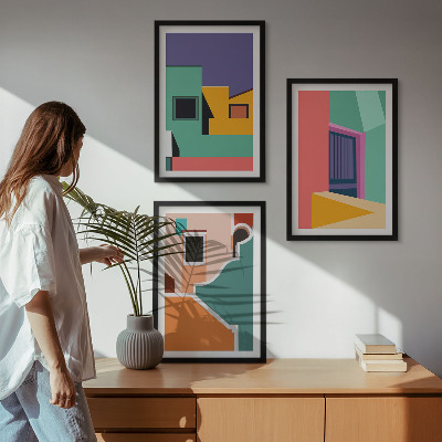 Triptykon billeder med ramme Farverige illustrationer af byen